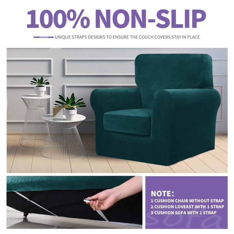 ZNSAYOTX Luxury Velvet Chair Slipcovers with Arms 2 Piece Stretch Chair Covers for Living Room Soft Armchair Slipcover Anti Slip Dog Pet Friendly Furniture Protector (Deep Teal),30"-47"(1 Cushion) - Image 5